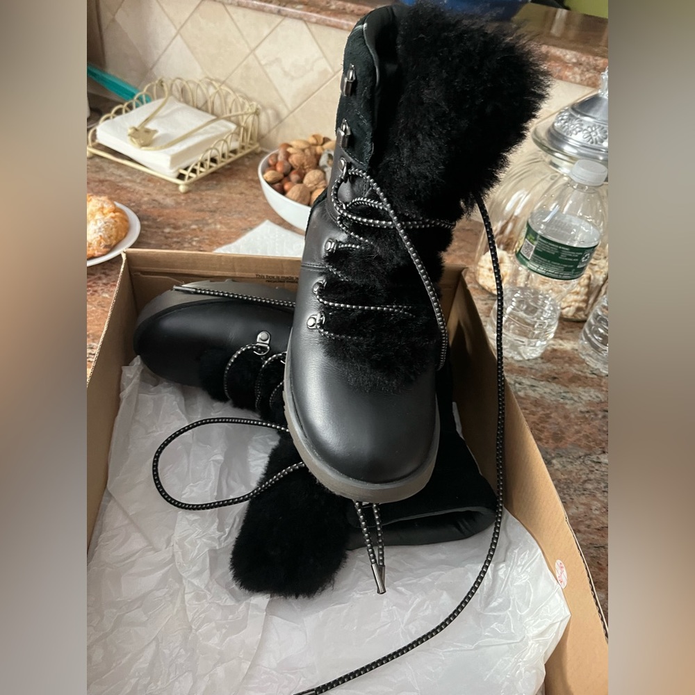 Black leather with fur ugg boots viki waterproof